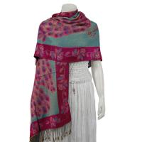 Pashmina Style Shawls - Woven Prints - Metallic Accent - Peacock - Teal/Raspberry