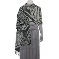 Pashmina Style Shawls - Woven Prints - Abstract Animal - Grey/Black/Charcoal