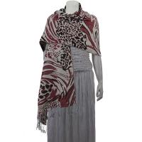 Pashmina Style Shawls - Woven Prints - Abstract Animal - Natural/Wine/Mauve