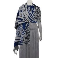 Pashmina Style Shawls - Woven Prints - Abstract Animal - Grey/Black/Royal