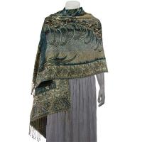 Pashmina Style Shawls - Woven Prints - Metallic Accent - Bordered Persian - Teal/Champagne