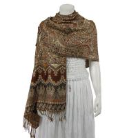 Pashmina Style Shawls - Woven Prints - Metallic Accent - Persian Paisley - Brown/Slate