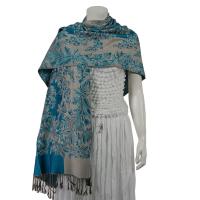 Pashmina Style Shawls - Woven Prints - Flowers and Grapes - Turquoise