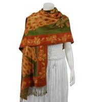 Pashmina Style Shawls - Woven Prints - Metallic Accent - Peacock - Olive/Paprika