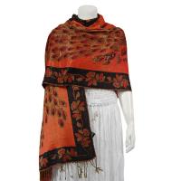 Pashmina Style Shawls - Woven Prints - Metallic Accent - Peacock - Orange/Black