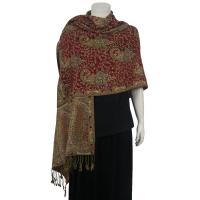 Pashmina Style Shawls - Woven Prints - Floral with Paisley Border - Wine