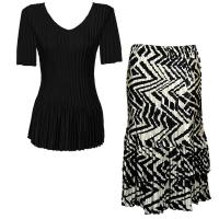 Sets Satin Mini Pleat - Half Sleeve V-Neck - Solid Black - Block Print Black-Ivory Skirt