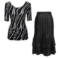 Sets Satin Mini Pleat - Half Sleeve V-Neck - Ribbon Black-White - Black Skirt