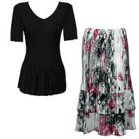Sets Satin Mini Pleat - Half Sleeve V-Neck - Solid Black - White-Black-Pink Floral Skirt