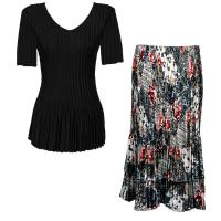 Sets Satin Mini Pleat - Half Sleeve V-Neck - Solid Black - White-Black-Red Abstract Skirt