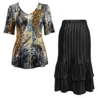Sets Satin Mini Pleat - Half Sleeve V-Neck - Abstract Black-Gold - Black Skirt