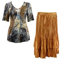Sets Satin Mini Pleat - Half Sleeve V-Neck - Abstract Black-Gold - Gold Skirt