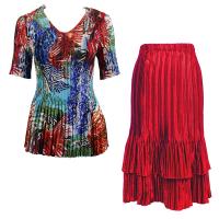 Sets Satin Mini Pleat - Half Sleeve V-Neck - Abstract Blue-Red - Red Skirt