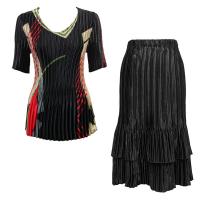 Sets Satin Mini Pleat - Half Sleeve V-Neck - Art Deco Olive-Red - Black Skirt