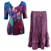 Sets Satin Mini Pleat - Half Sleeve V-Neck - Red-Blue Flower - Eggplant Skirt