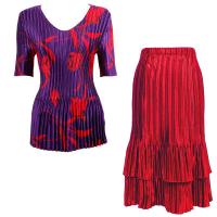 Sets Satin Mini Pleat - Half Sleeve V-Neck - Red Tulips on Purple - Red Skirt
