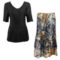 Sets Satin Mini Pleat - Half Sleeve V-Neck - Solid Black - Abstract Black-Gold Skirt