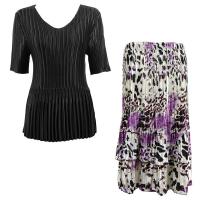 Sets Satin Mini Pleat - Half Sleeve V-Neck - Solid Black - Reptile Floral-Purple Skirt