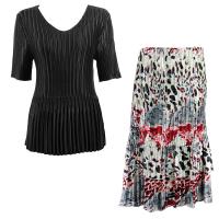 Sets Satin Mini Pleat - Half Sleeve V-Neck - Solid Black - Reptile Floral-Red Skirt