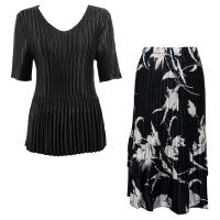 Sets Satin Mini Pleat - Half Sleeve V-Neck - Solid Black - White Tulips on Black Skirt