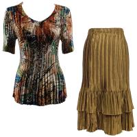 Sets Satin Mini Pleat - Half Sleeve V-Neck - Abstract Orange-Tan - Taupe Skirt