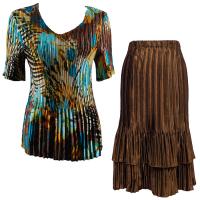 Sets Satin Mini Pleat - Half Sleeve V-Neck - Jungle Floral Turquoise - Brown Skirt