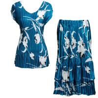 Sets Satin Mini Pleat - Cap Sleeve V Neck/Skirt - White Tulips on Teal