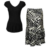 Sets Satin Mini Pleat - Cap Sleeve V Neck/Skirt - Solid Black - Block Print Black-Ivory