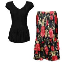 Sets Satin Mini Pleat - Cap Sleeve V Neck/Skirt - Solid Black - Coral Blossoms on Black Skirt