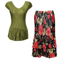 Sets Satin Mini Pleat - Cap Sleeve V Neck/Skirt - Solid Olive - Coral Blossoms on Black Skirt