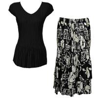Sets Satin Mini Pleat - Cap Sleeve V Neck/Skirt - Solid Black - Ivory Floral on Black Skirt