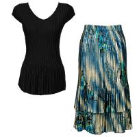 Sets Satin Mini Pleat - Cap Sleeve V Neck/Skirt - Solid Black - Marble Floral-Blue Skirt
