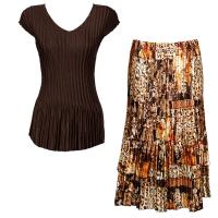 Sets Satin Mini Pleat - Cap Sleeve V Neck/Skirt - Solid Dark Brown - Multi Animal Floral Skirt