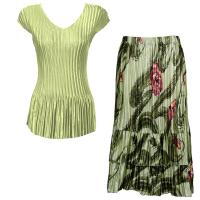 Sets Satin Mini Pleat - Cap Sleeve V Neck/Skirt - Solid Celery - Mult Green Floral Skirt