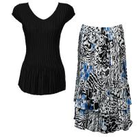 Sets Satin Mini Pleat - Cap Sleeve V Neck/Skirt - Solid Black - Reptile Floral-Blue Skirt