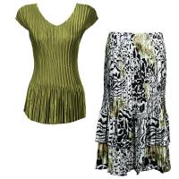 Sets Satin Mini Pleat - Cap Sleeve V Neck/Skirt - Solid Olive - Reptile Floral-Green Skirt