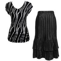 Sets Satin Mini Pleat - Cap Sleeve V Neck/Skirt - Ribbon Black-White - Black Skirt