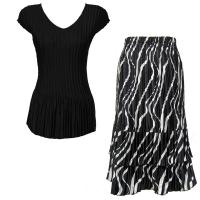Sets Satin Mini Pleat - Cap Sleeve V Neck/Skirt - Solid Black - Ribbon Black-White Skirt