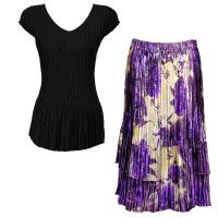Sets Satin Mini Pleat - Cap Sleeve V Neck/Skirt - Solid Black - Rose Floral-Purple Skirt