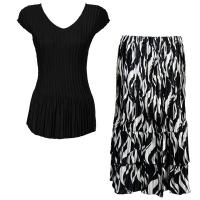 Sets Satin Mini Pleat - Cap Sleeve V Neck/Skirt - Solid Black - White Buds on Black Skirt