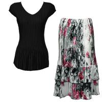 Sets Satin Mini Pleat - Cap Sleeve V Neck/Skirt - Solid Black - White-Black-Pink Skirt