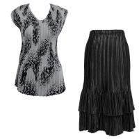 Sets Satin Mini Pleat - Cap Sleeve V Neck/Skirt - White-Black Swirl Dots - Black Skirt