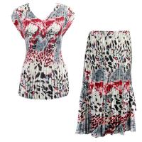 Sets Satin Mini Pleat - Cap Sleeve V Neck/Skirt - Reptile Floral-Red