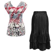 Sets Satin Mini Pleat - Cap Sleeve V Neck/Skirt - Reptile Floral-Red - Black Skirt