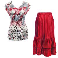 Sets Satin Mini Pleat - Cap Sleeve V Neck/Skirt - Reptile Floral-Red - Red Skirt