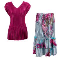 Sets Satin Mini Pleat - Cap Sleeve V Neck/Skirt - Solid Magenta - Red Swirl on Silver