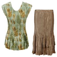 Sets Satin Mini Pleat - Cap Sleeve V Neck/Skirt - Gold-Sage Floral - Gold Skirt
