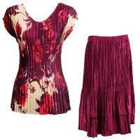 Sets Satin Mini Pleat - Cap Sleeve V Neck/Skirt - Rose Floral-Berry - Ruby Skirt