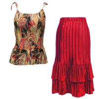 Sets Satin Mini Pleat - Spaghetti Tank - Black-Gold-Red Print - Red Skirt