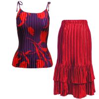 Sets Satin Mini Pleat - Spaghetti Tank - Red Floral on Purple - Red Skirt